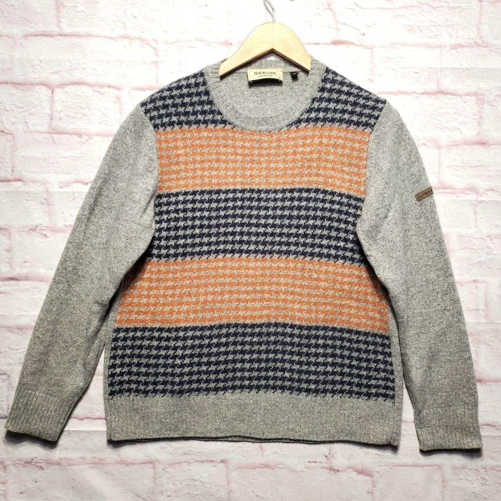 Navigare Cachemire Mens Sweater Medium Cashmere Blend Houndstooth Orange Gray M